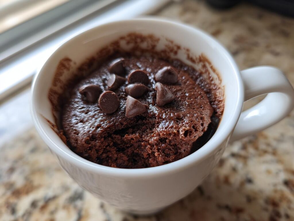 Close-up of a chocolate mug cake topped with chocolate chips in a white mug