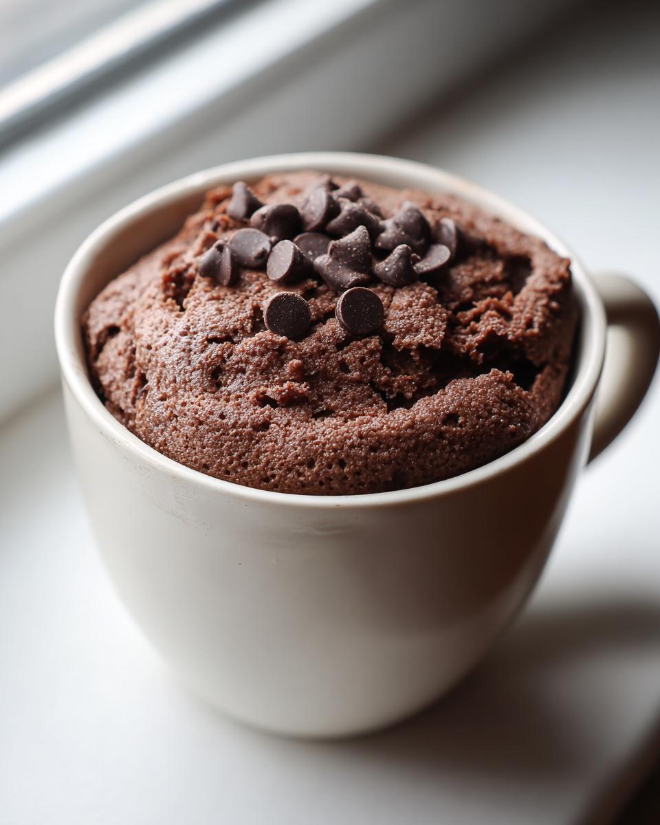 Close-up of a chocolate mug cake topped with chocolate chips in a white mug.