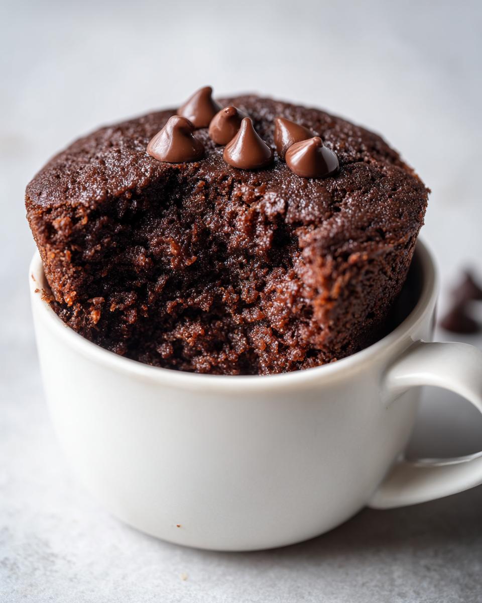 Close-up of a chocolate mug cake topped with chocolate chips in a white cup