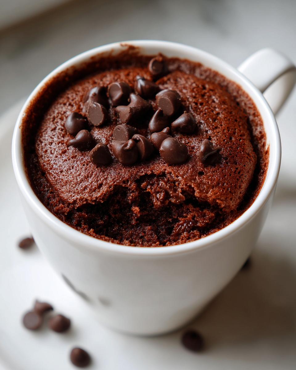 Close-up of a chocolate mug cake topped with chocolate chips in a white mug.