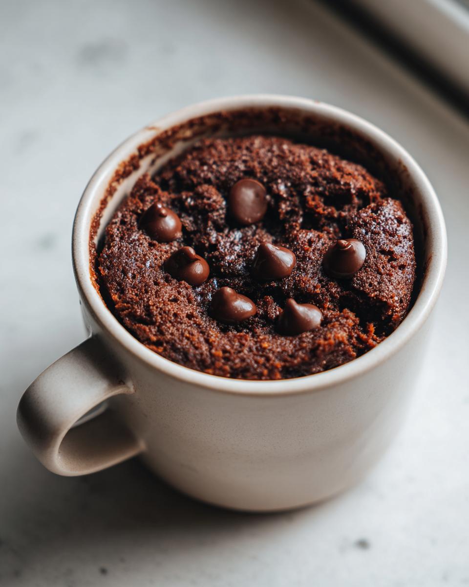 Close-up of a chocolate mug cake topped with chocolate chips in a beige mug.