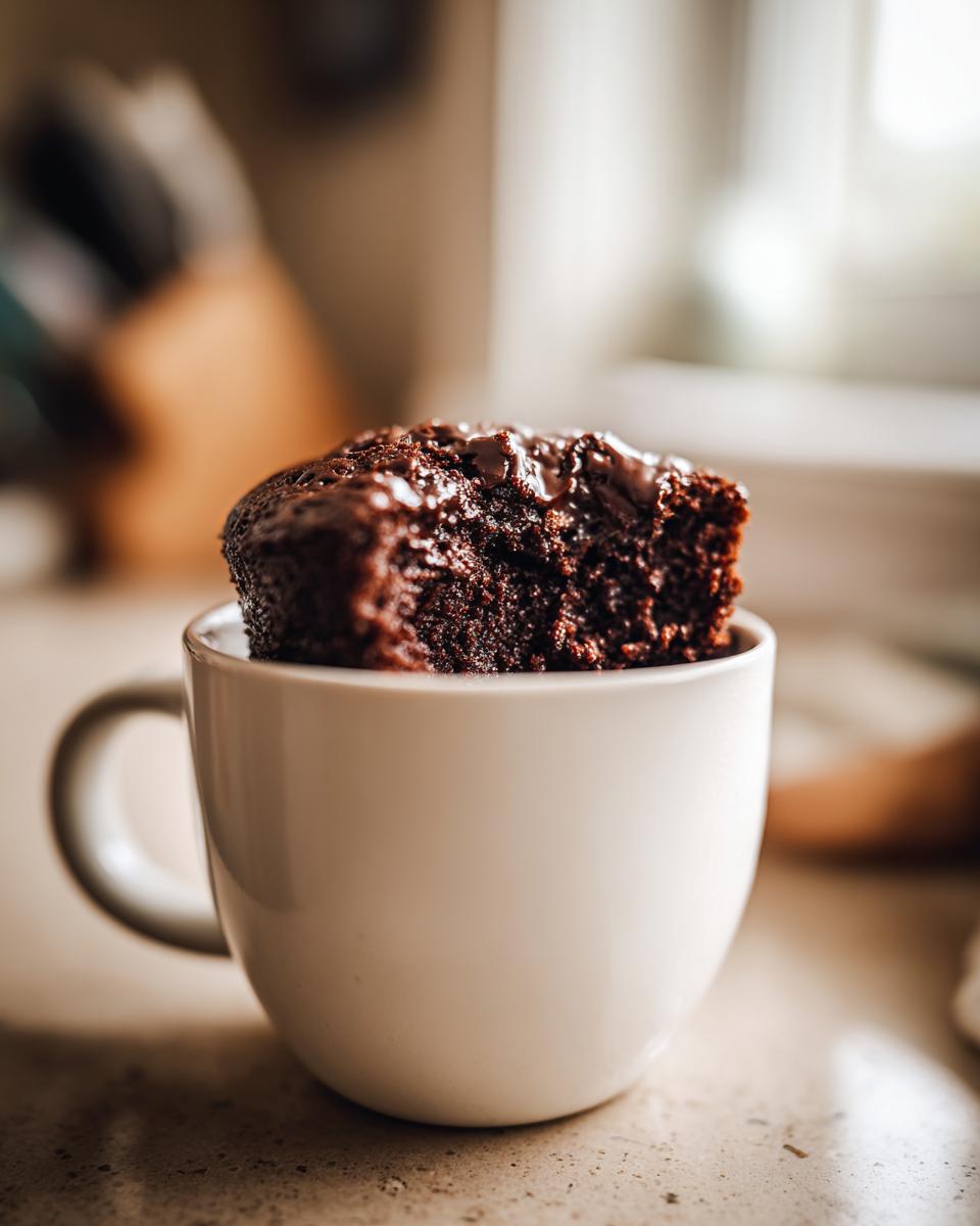 Close-up of a chocolate mug cake in a white cup with melted chocolate on top.
