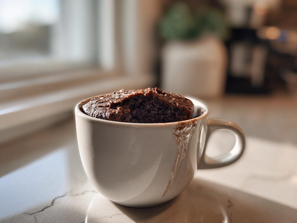 Chocolate mug cake in white cup with a bite taken, showcasing easy dessert recipes