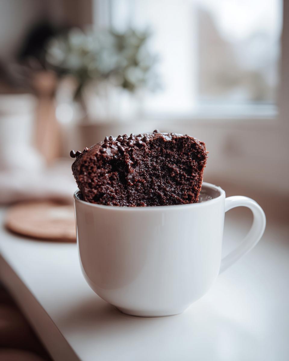 Close-up of a chocolate mug cake slice in a white cup, showcasing moist texture and chocolate chips.