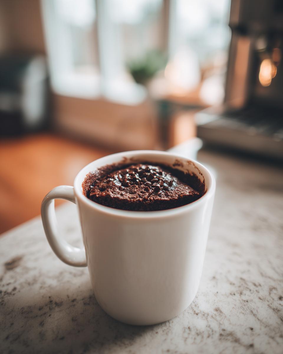 Close-up of a chocolate mug cake in a white cup on a marble countertop, easy dessert recipes