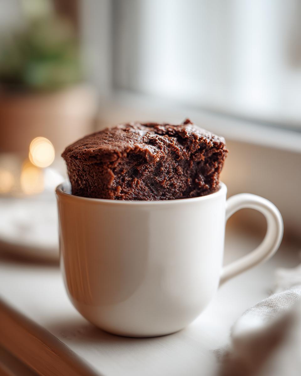 Close-up of a chocolate mug cake baked in a white cup, showcasing moist texture.