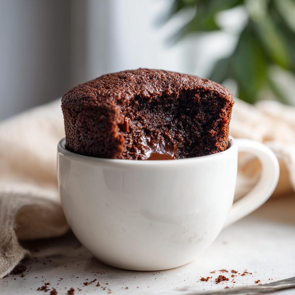 Close-up of a chocolate mug cake with a gooey center in a white cup.