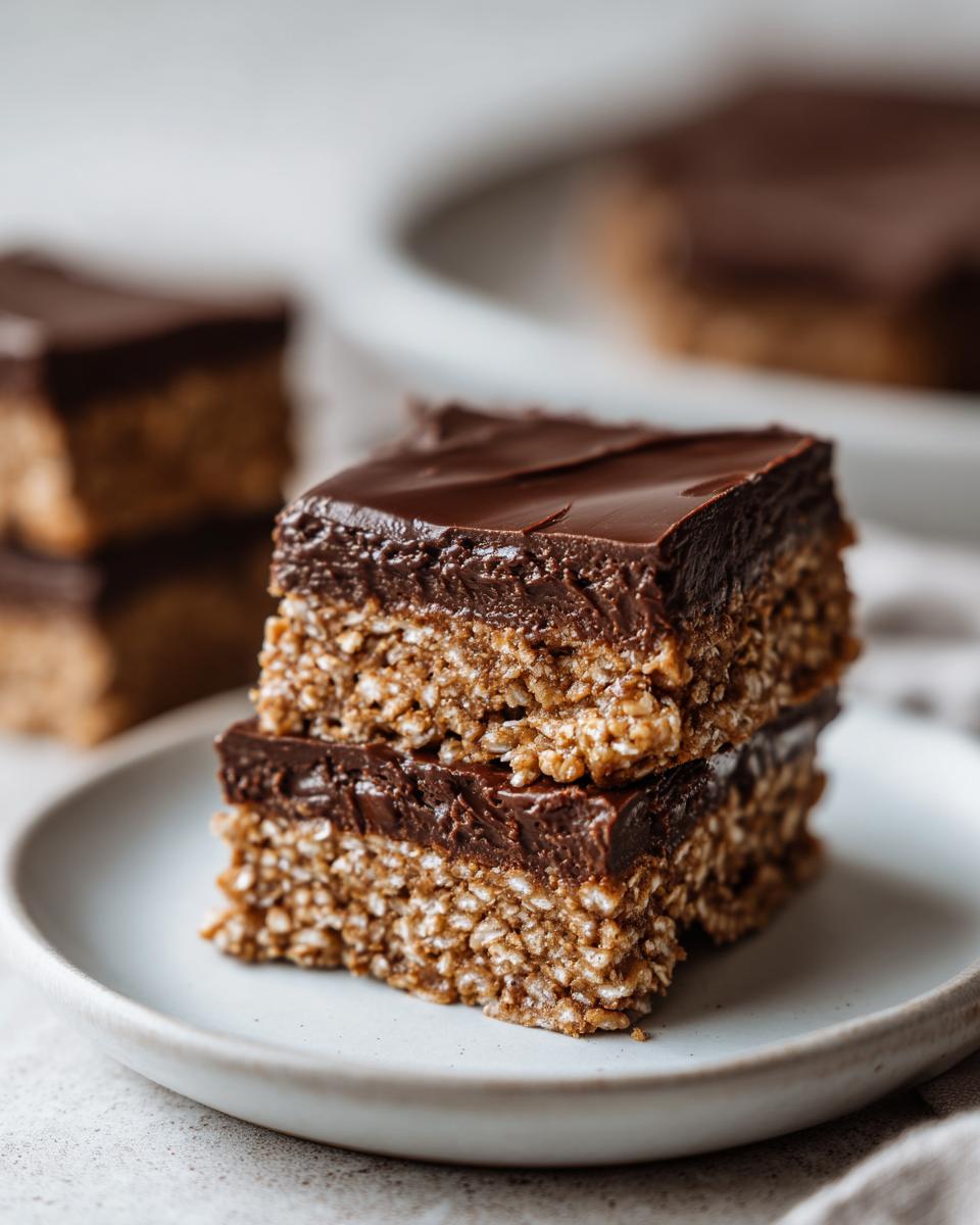 Two stacked no bake dessert recipe bars with chocolate topping on a white plate.