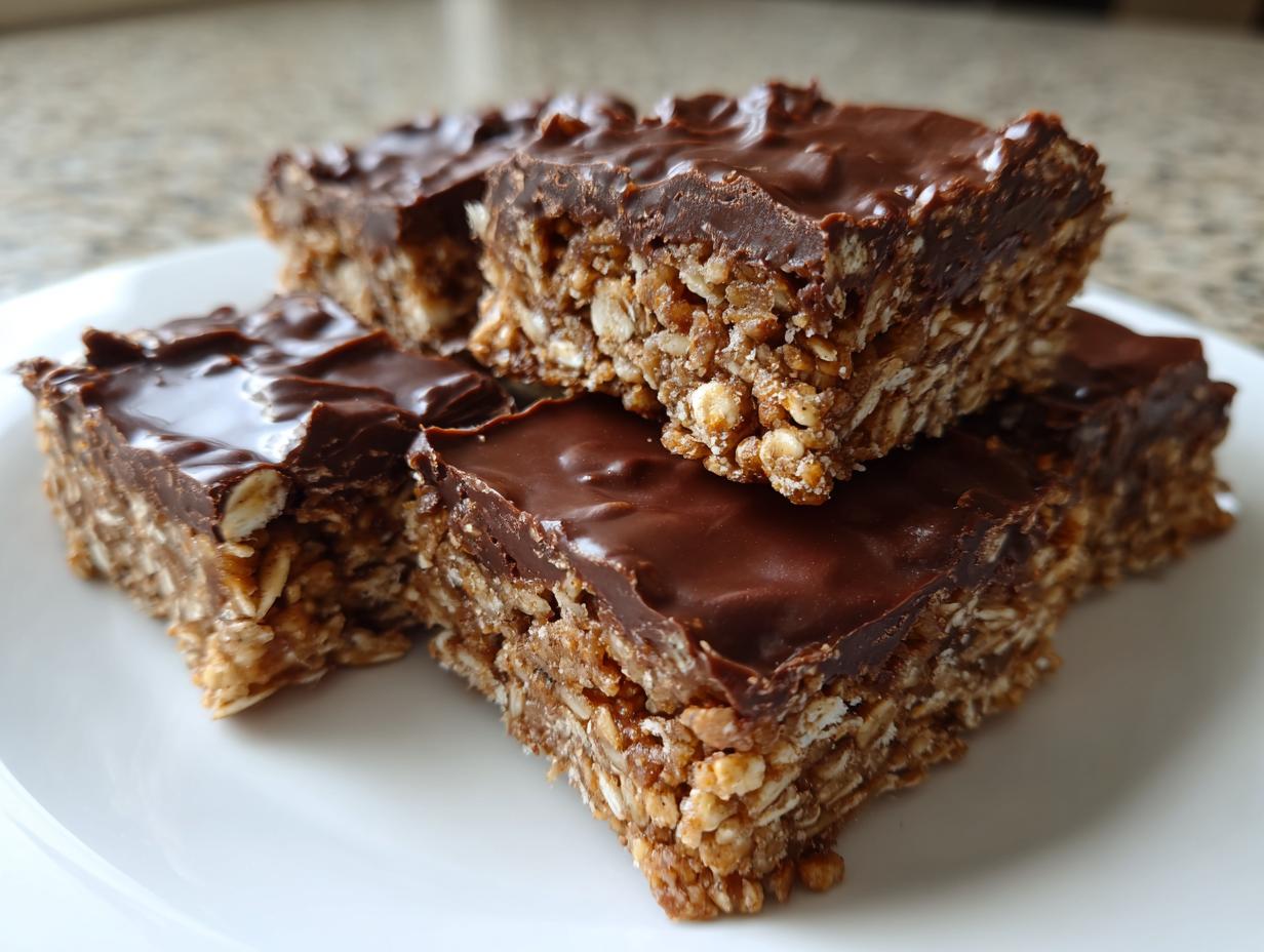 Close-up of chocolate topped no bake dessert bars stacked on a white plate