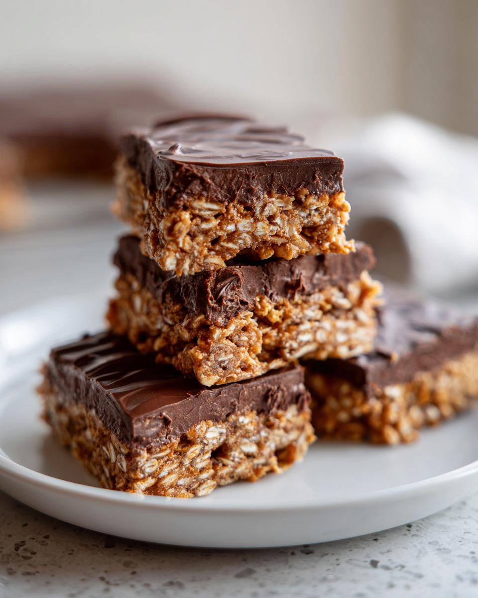 Stacked chocolate peanut butter no bake dessert bars on a white plate