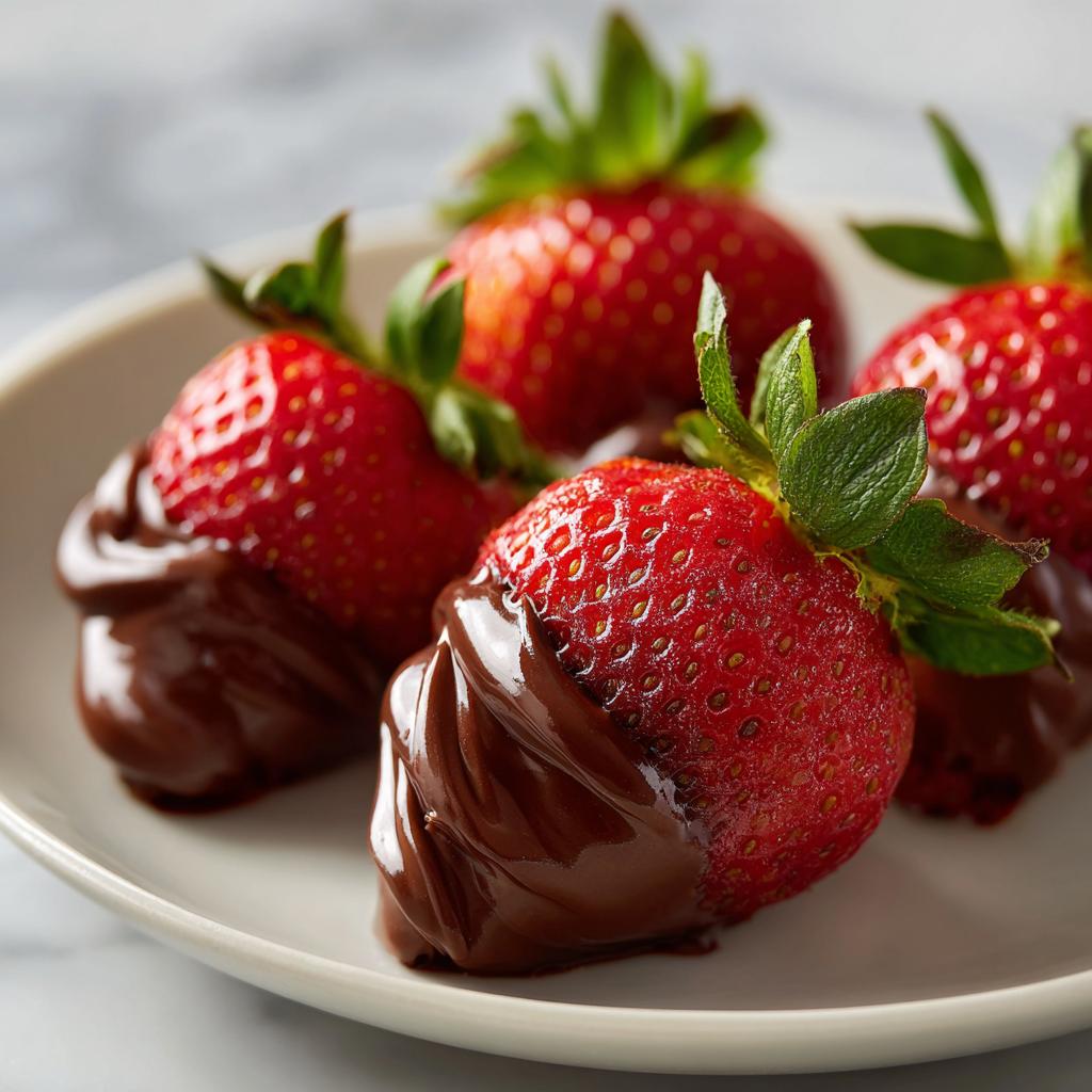 Close-up of fresh strawberries dipped in smooth chocolate on a white plate.