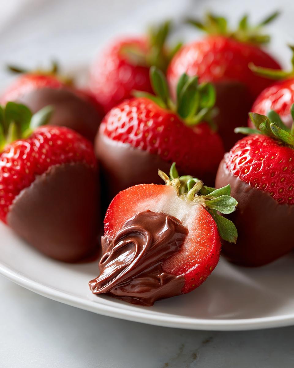 Plate of fresh strawberries dipped in chocolate with one strawberry cut open showing chocolate filling inside.