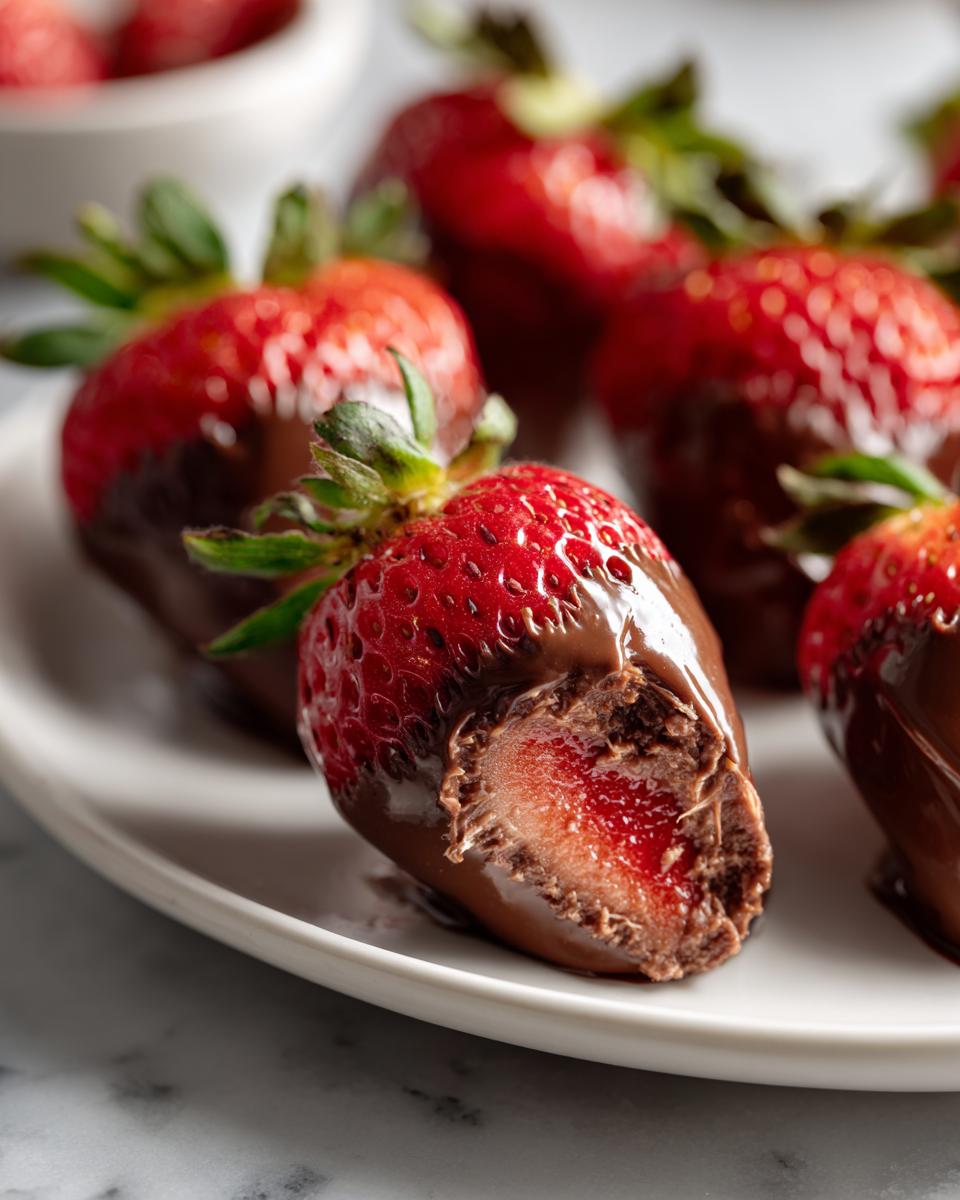 Fresh strawberries dipped and stuffed with chocolate on a white plate.