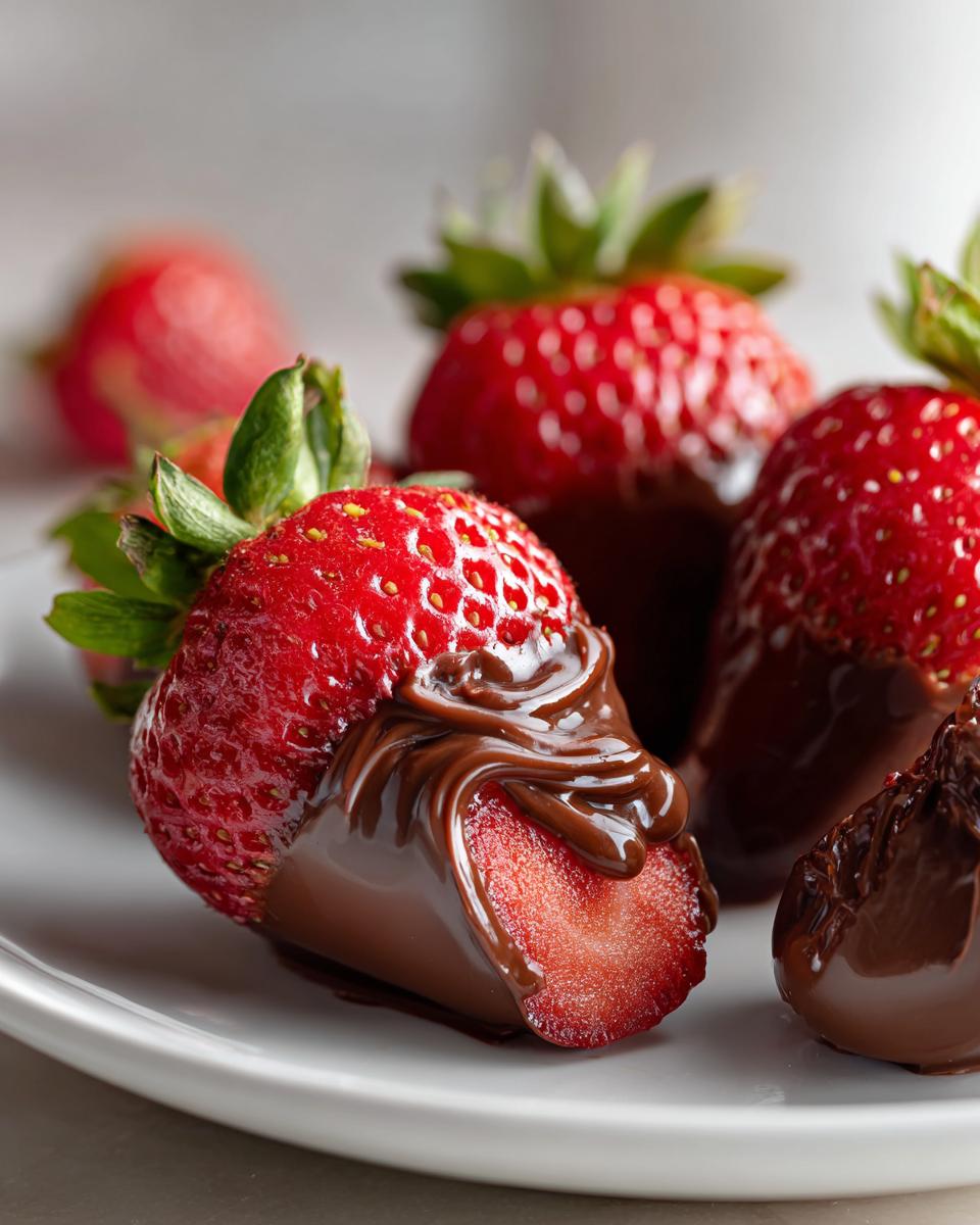 Fresh strawberries stuffed and dipped in melted chocolate on a white plate.