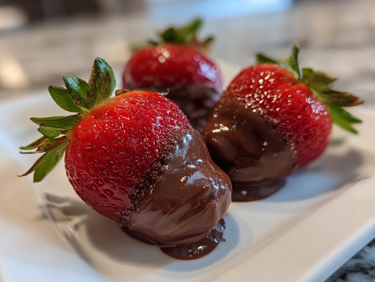 Three fresh strawberries dipped and stuffed with smooth melted chocolate on a white plate.