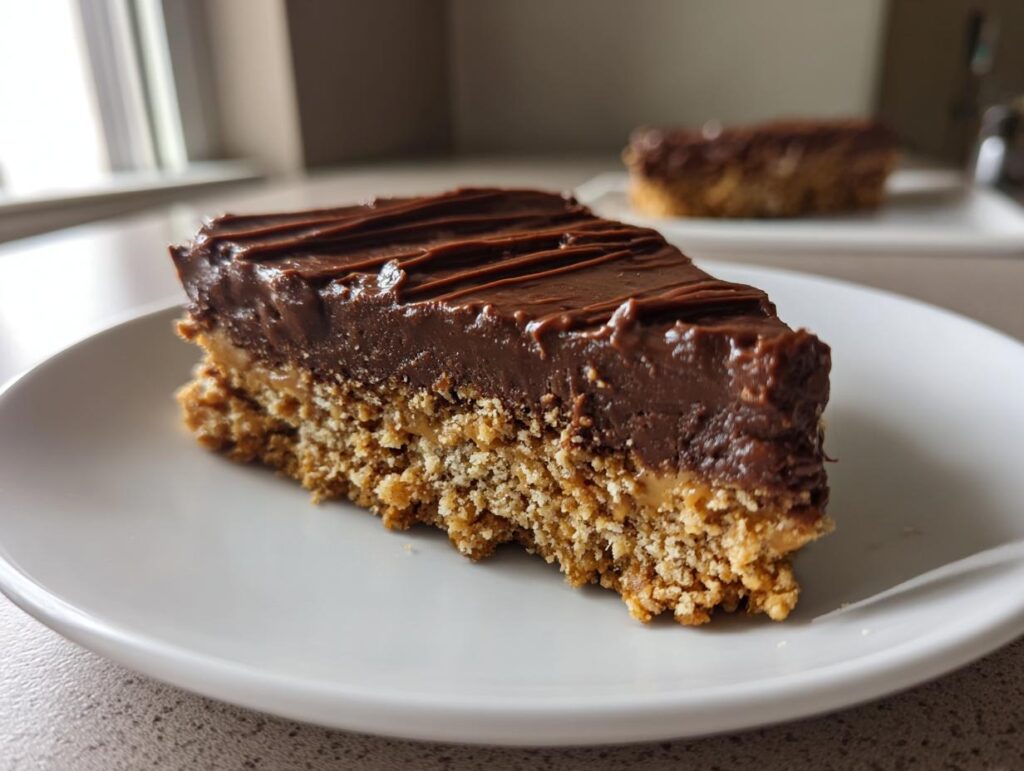 Slice of quick sweet treats with chocolate topping and crumbly base on a white plate