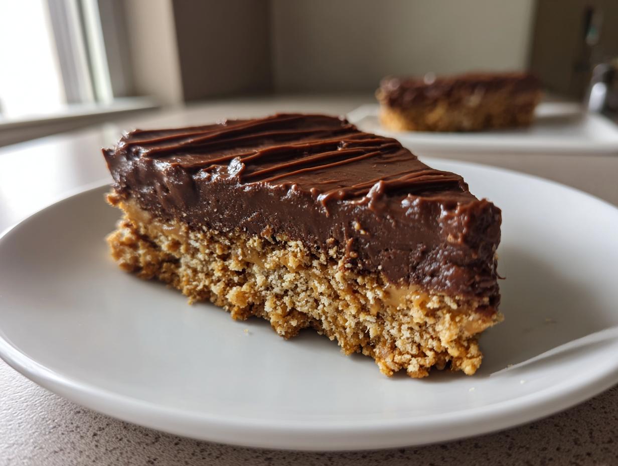 Slice of quick sweet treats with chocolate topping and crumbly base on a white plate