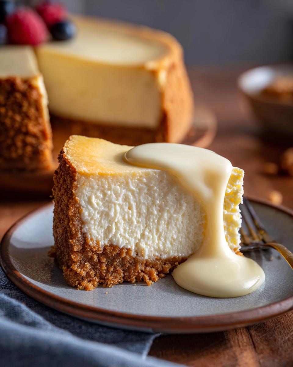 Slice of classic cheesecake with graham cracker crust and creamy sauce on a plate