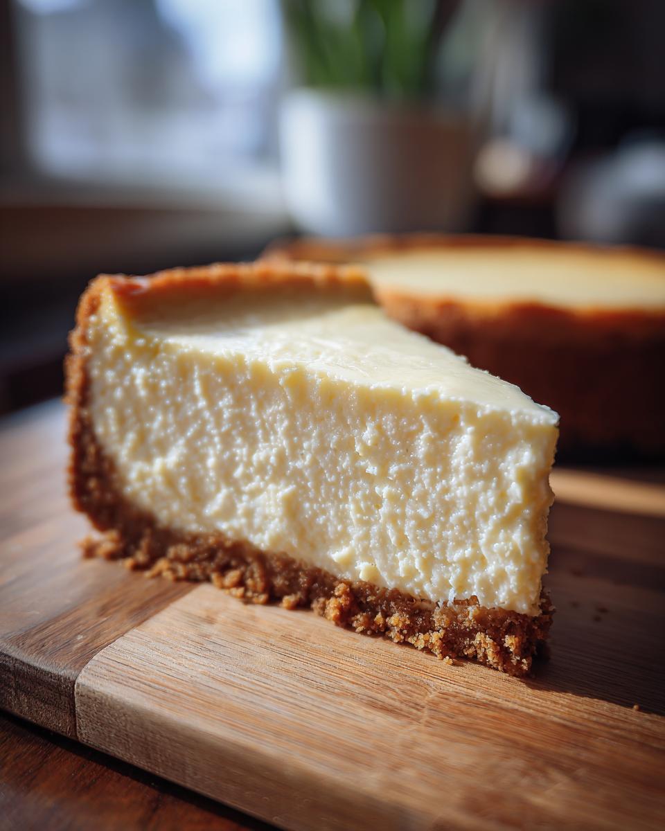 Close-up of a creamy cheesecake slice with a graham cracker crust on a wooden board.