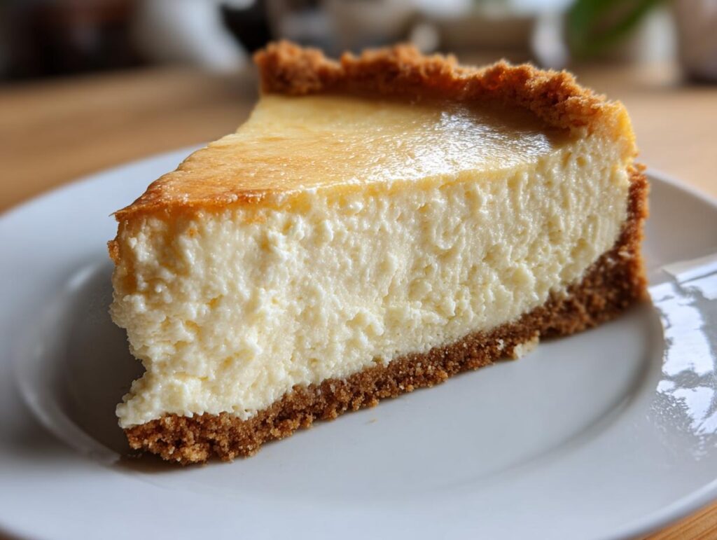 Close-up of a creamy cheesecake slice with a golden top and graham cracker crust on a white plate.