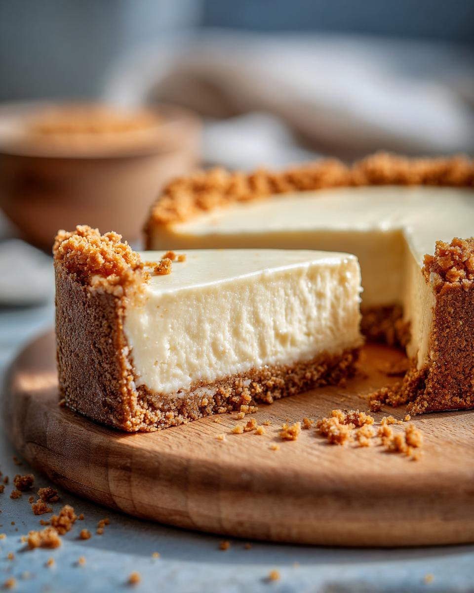 Slice of classic cheesecake with graham cracker crust on wooden board, showcasing easy cheesecake ideas.