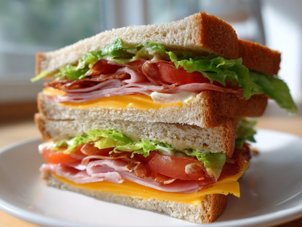 Close-up of a classic club sandwich with ham, cheese, lettuce, tomato, and bacon on white bread.