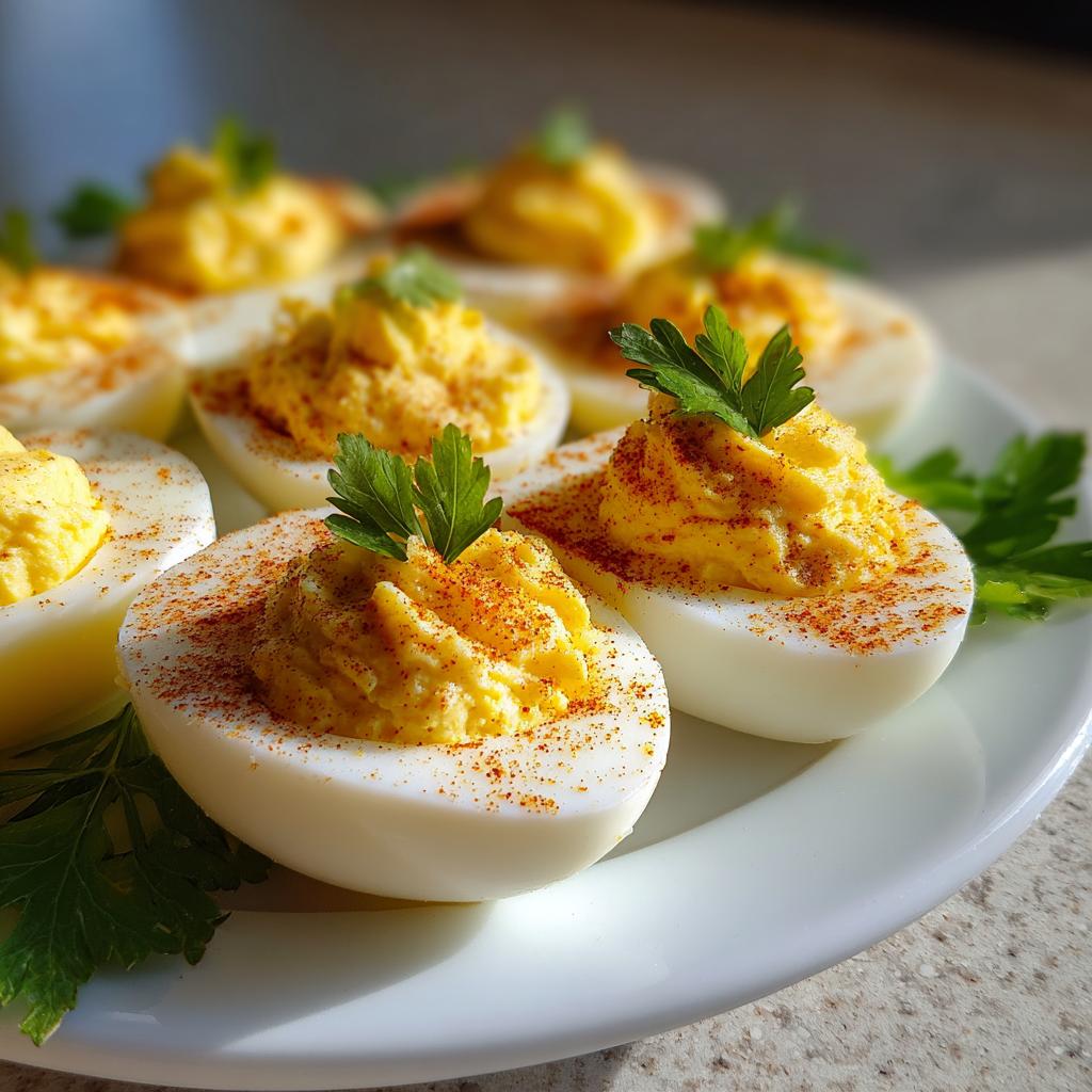 Close-up of classic deviled egg platter garnished with paprika and fresh parsley on a white plate.