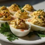 Platter of classic deviled eggs garnished with paprika and fresh parsley on a white plate.