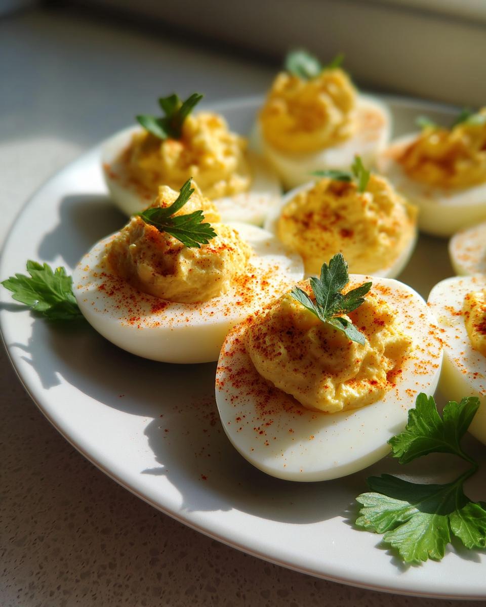 Plate of classic deviled egg platter garnished with paprika and fresh parsley leaves.