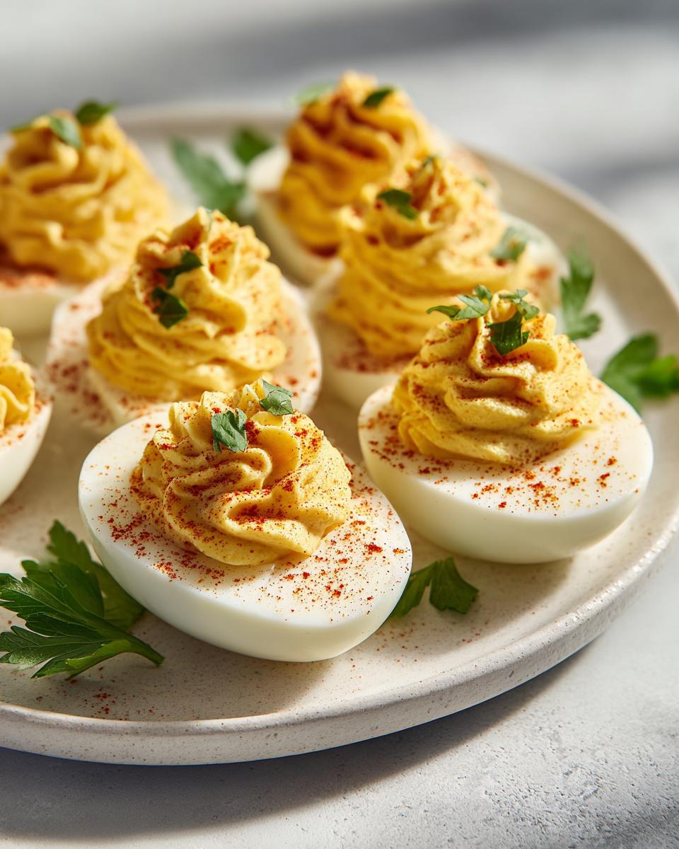 Close-up of a classic deviled egg platter garnished with paprika and fresh parsley on a ceramic plate.