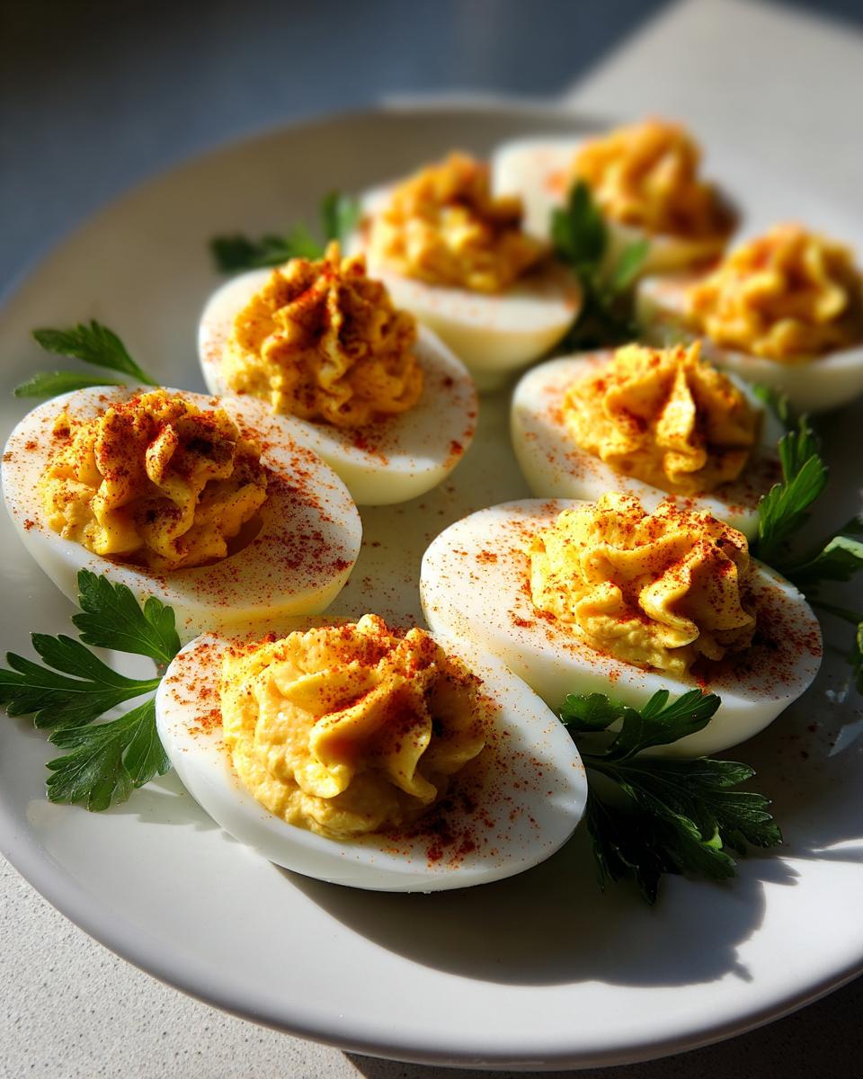 Plate of classic deviled egg platter garnished with paprika and fresh parsley leaves.