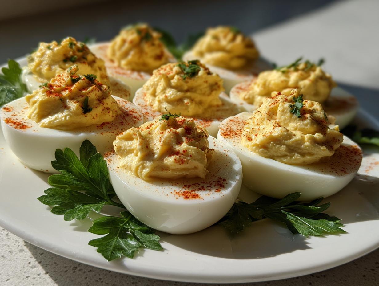 Platter of classic deviled eggs garnished with paprika and fresh parsley on a white plate.
