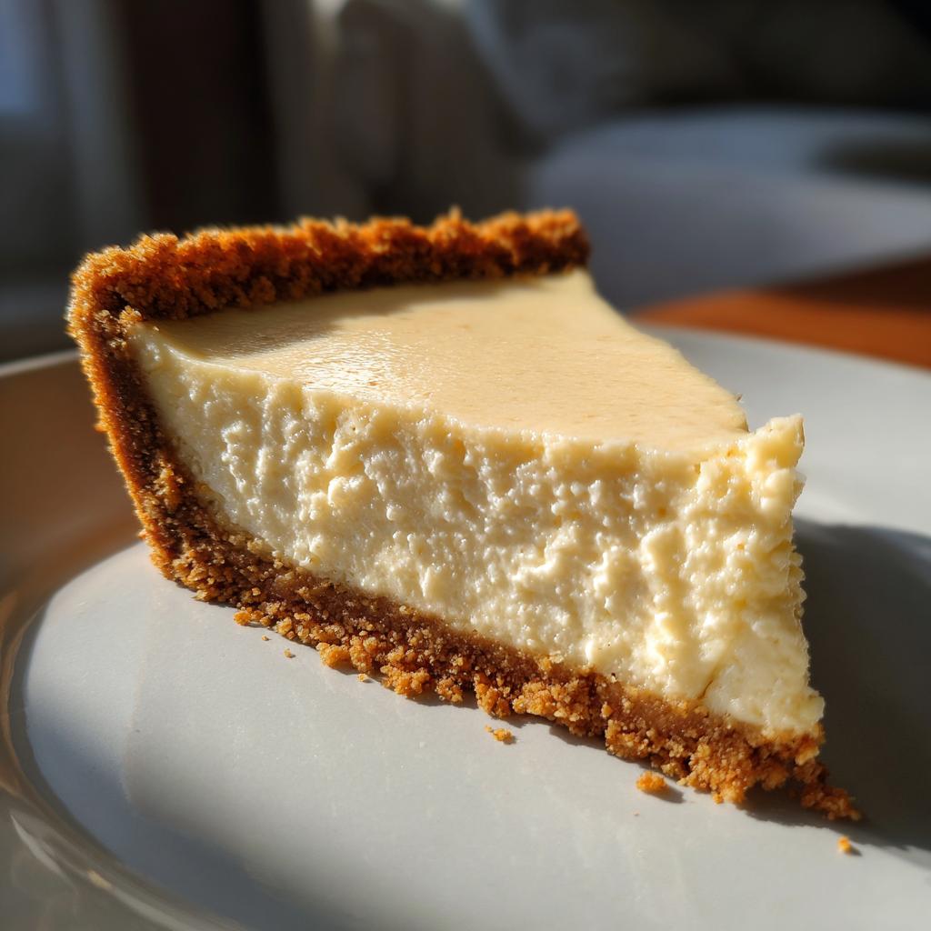 Close-up of a creamy slice of cheesecake with a golden graham cracker crust on a white plate.