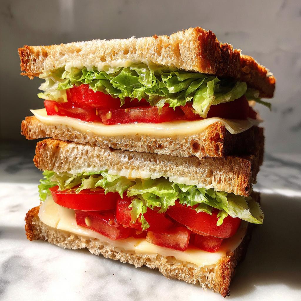 Close-up of a sandwich with lettuce, tomato, and cheese on toasted bread, showcasing sandwich recipes.