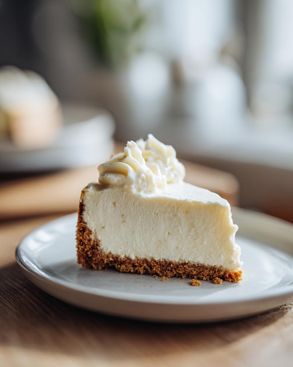 Slice of classic no bake cheesecake desserts with creamy filling and graham cracker crust on a white plate