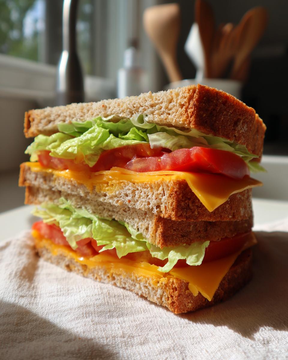Close-up of a sandwich with lettuce, tomato, and cheddar cheese on whole wheat bread for quick lunch ideas.