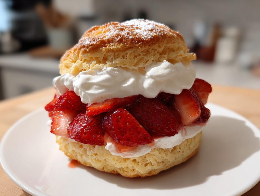 Strawberry shortcake dessert with fresh strawberries and whipped cream on a biscuit