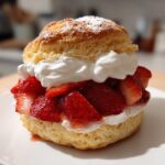 Strawberry shortcake dessert with fresh strawberries and whipped cream on a biscuit