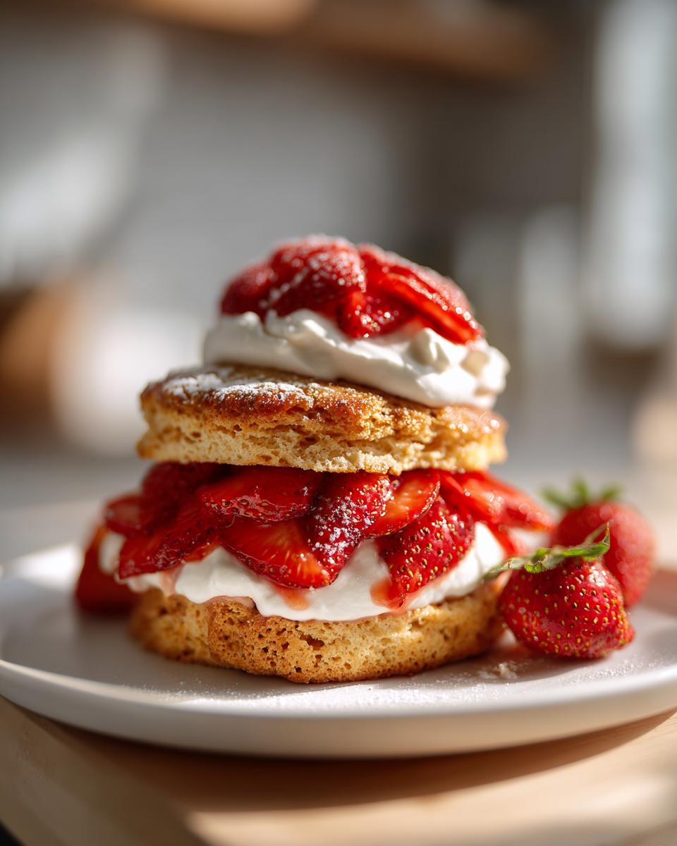 Strawberry shortcake dessert with whipped cream and fresh strawberries on a white plate