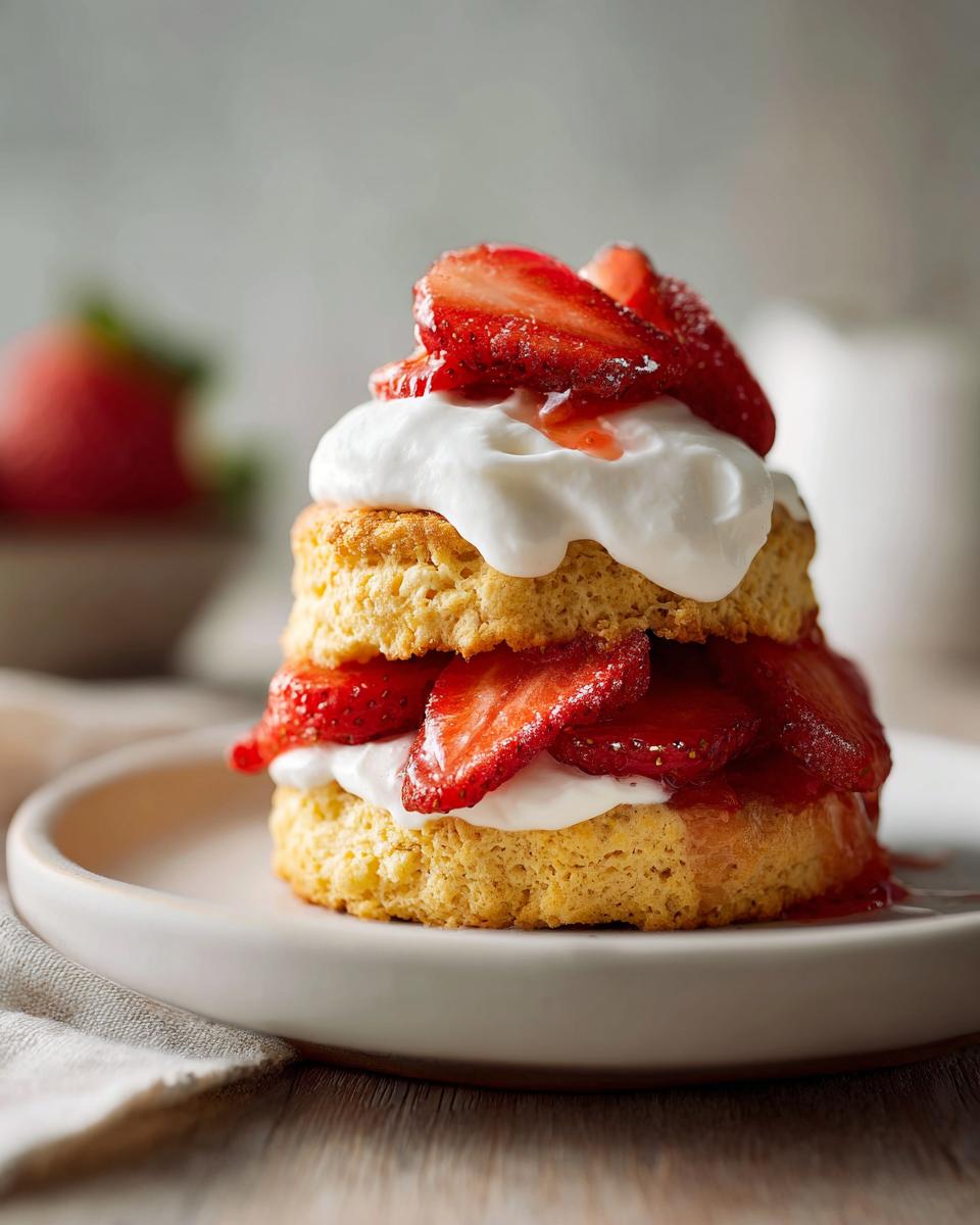 Strawberry shortcake dessert with whipped cream and fresh sliced strawberries on a plate.
