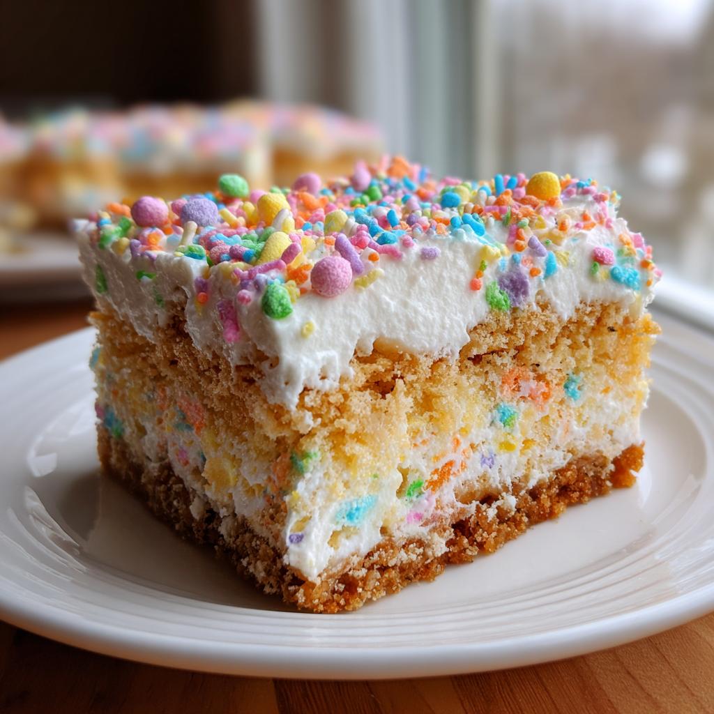 Close-up of a slice of Easter dessert bars topped with white frosting and colorful sprinkles.