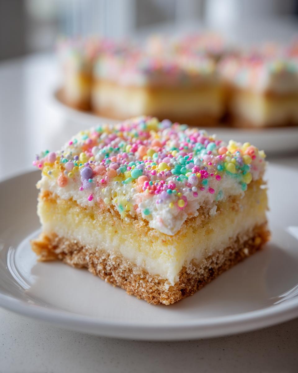 Close-up of a square Easter dessert bar topped with white frosting and colorful sprinkles on a white plate.