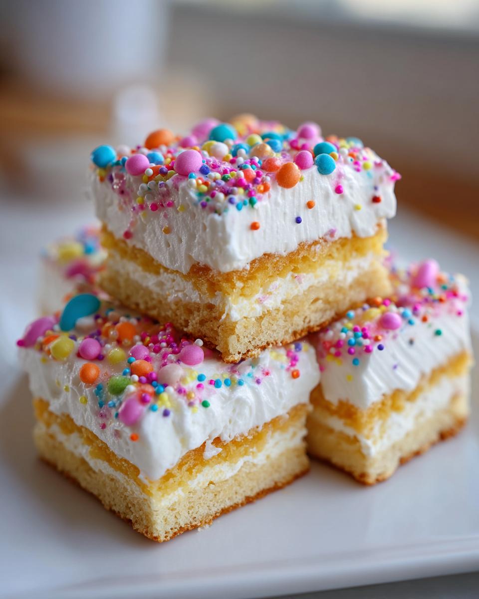 Three stacked Easter dessert bars with white frosting and colorful sprinkles on top.