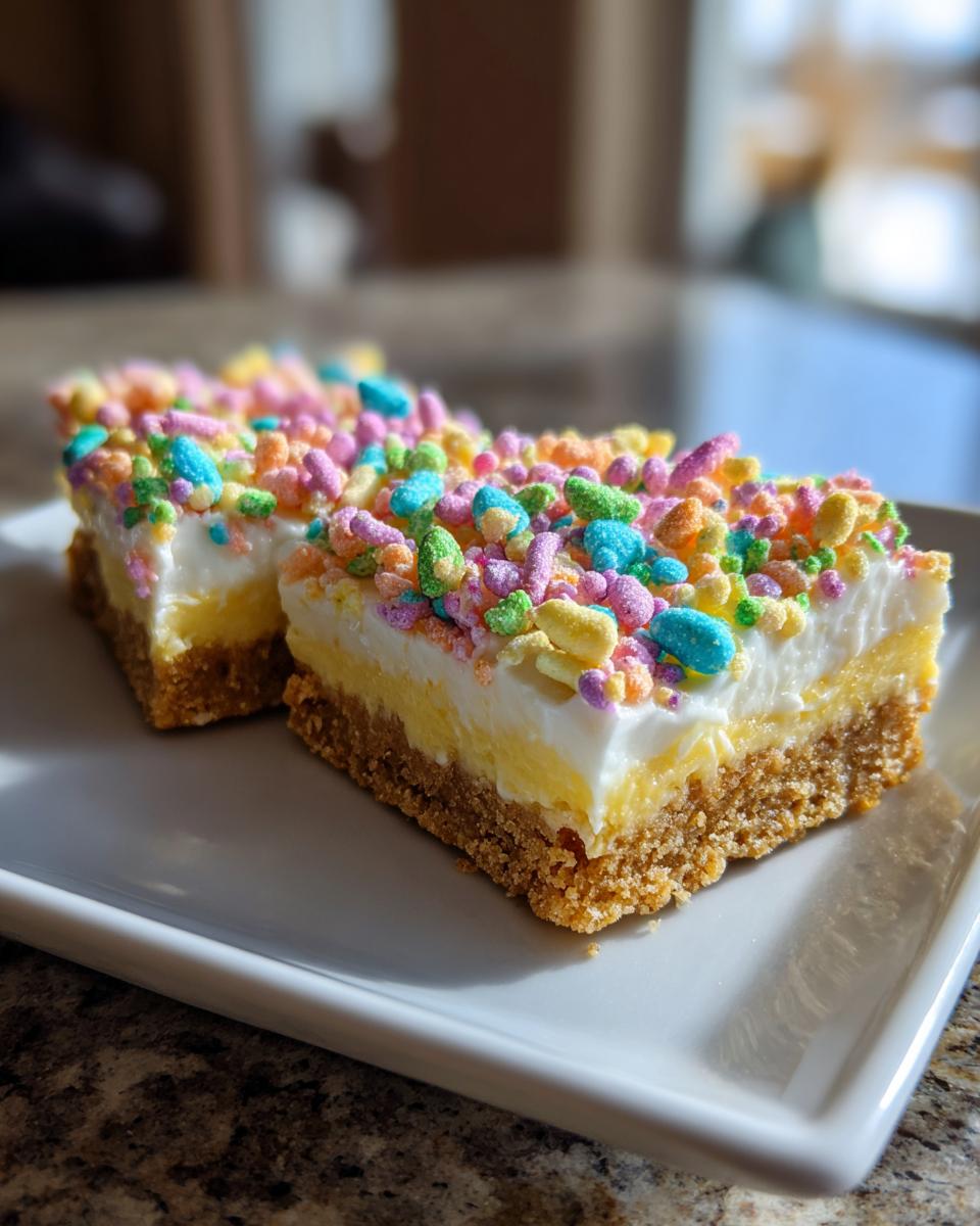 Two Easter dessert bars with crumbly base, creamy middle, and colorful candy topping on a white plate.