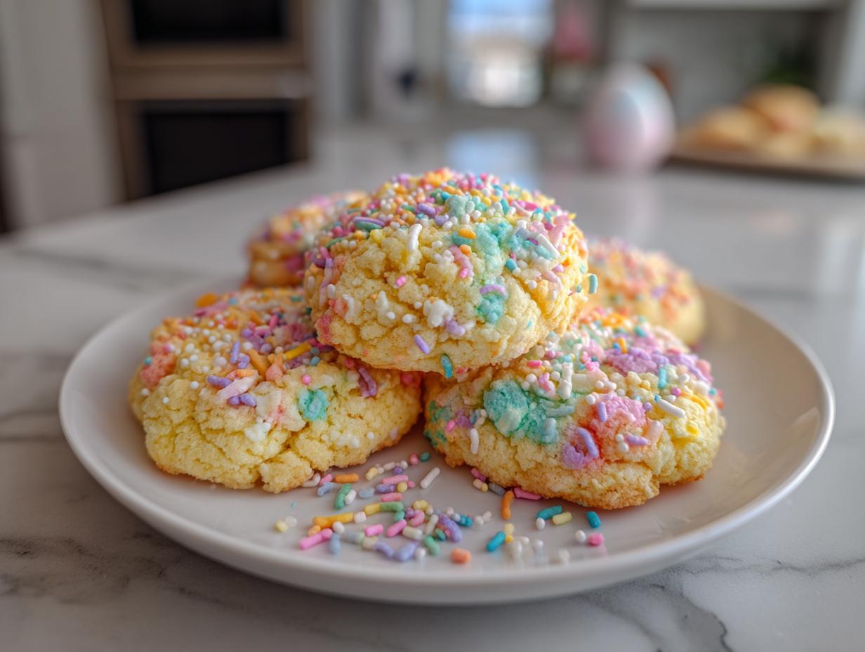 Plate of colorful sprinkle-covered cookies, a perfect example of quick Easter desserts.