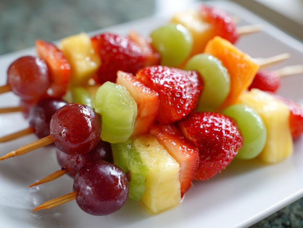 Close-up of vibrant fruit skewers with grapes, strawberries, pineapple, and melon for fruit snack recipes