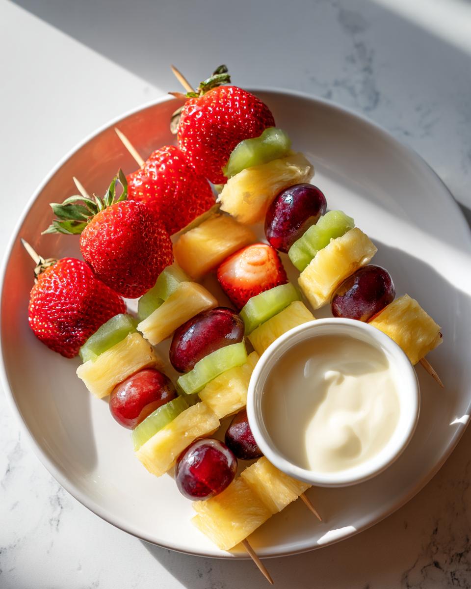 Plate with colorful fruit skewers including strawberries, pineapple, grapes, and kiwi with a side of creamy dip.