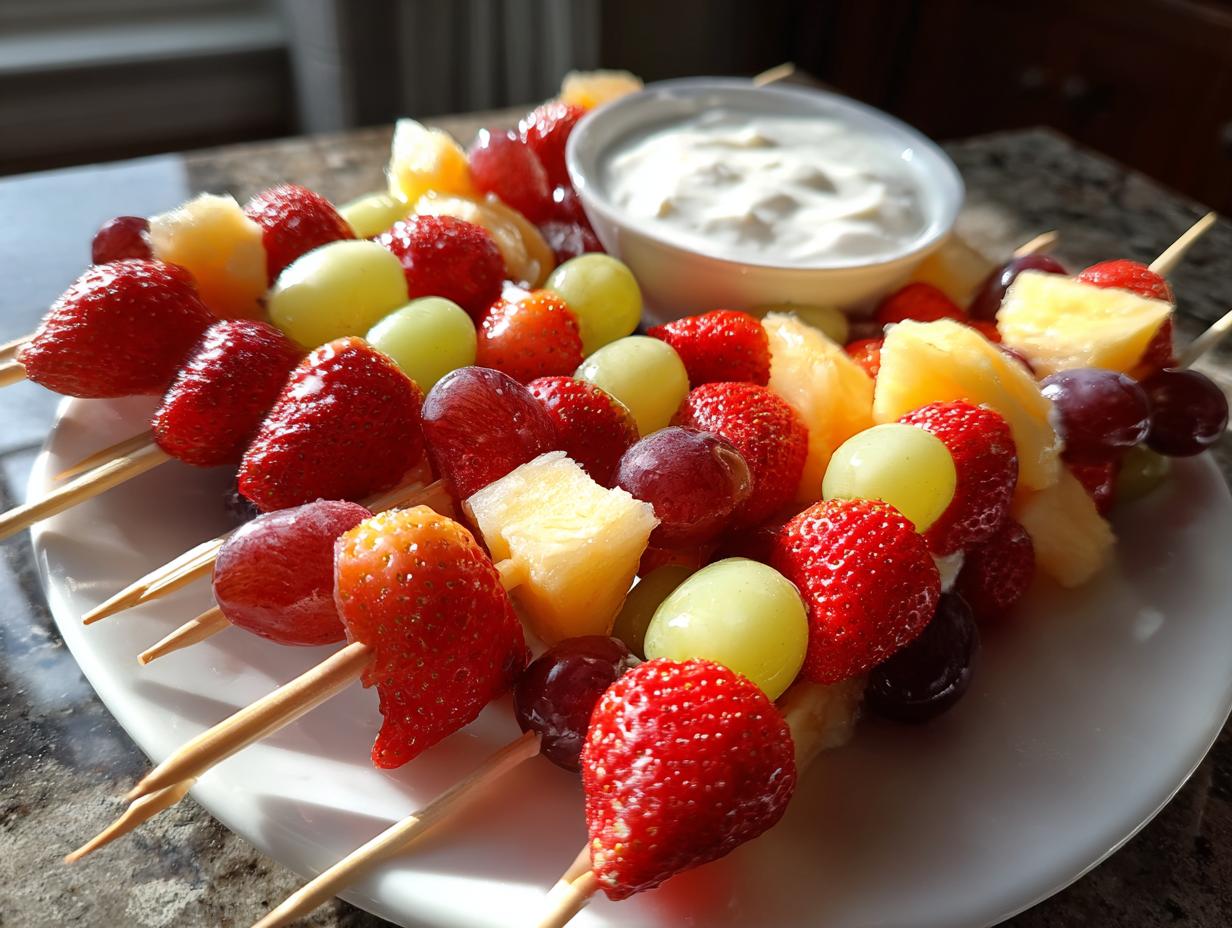 Plate of colorful fruit skewers with strawberries, grapes, pineapple, and a bowl of dip, kid friendly snack recipes