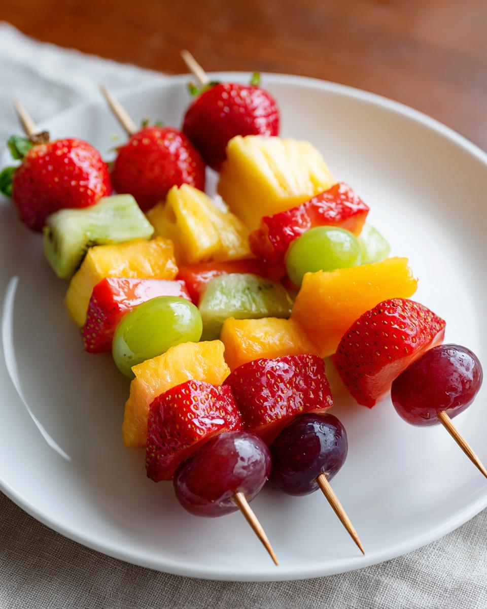 Fresh fruit skewers with strawberries, grapes, kiwi, pineapple, and melon on a white plate