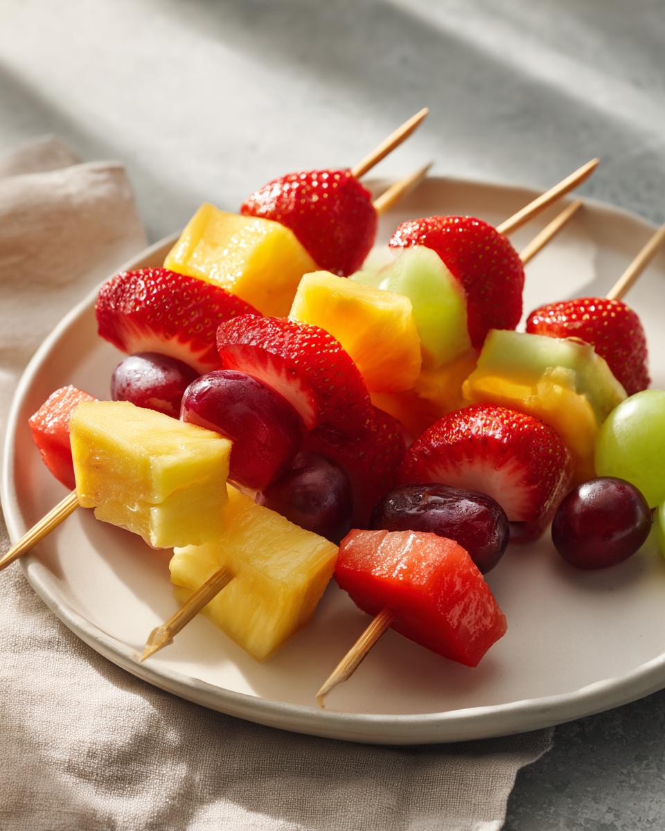 Plate of colorful fruit skewers with strawberries, pineapple, grapes, and melon for fruit snack recipes.